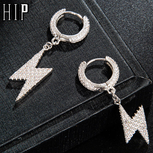 Hip Hop 1Pair Iced Zircon Lighting Earring Gold   Color Micro Paved AAA+ Bling CZ Stone Earrings For Men Jewelry
