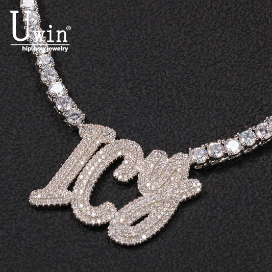 Uwin Name Necklace Brush Custom Double Layer Letters Pendant Welding Tennis Chain Iced OutPersonalised Gift Drop Shipping